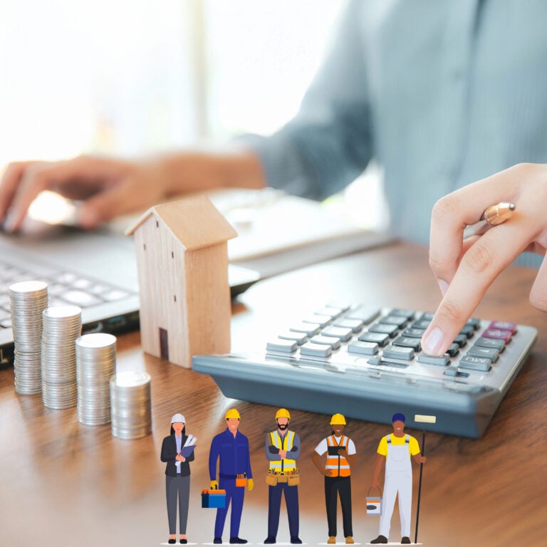 Landlord calculating rental property running costs with calculator, coins, and house model