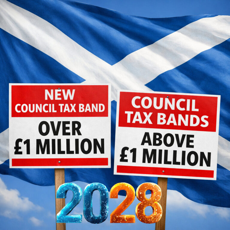 Protest-style signs highlighting new Scottish council tax bands for homes valued over £1 million