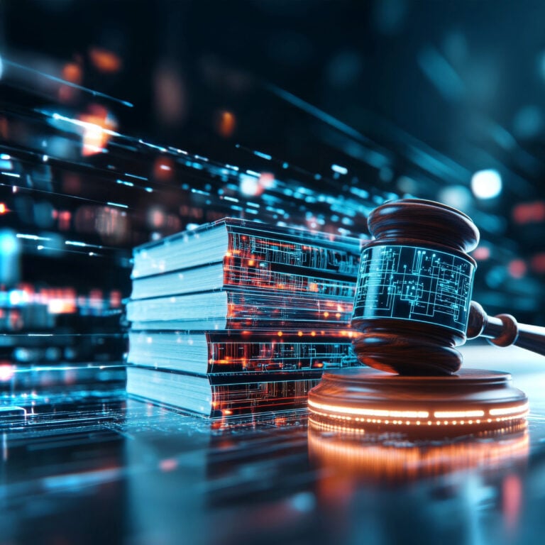 Digital courtroom gavel and law books symbolising online possession claims and court reform