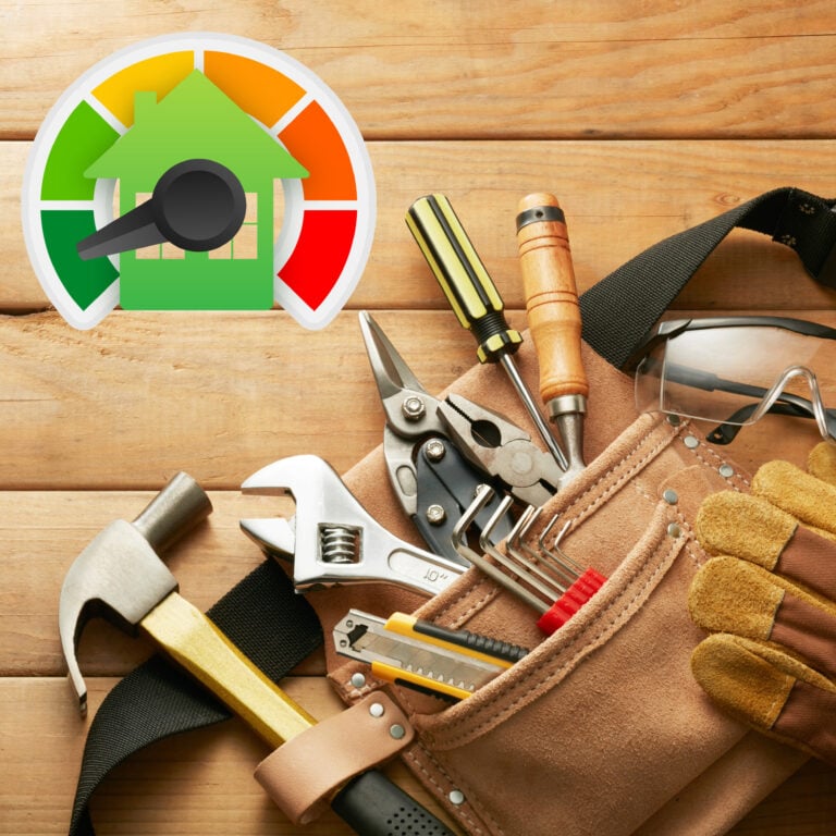 DIY landlord toolkit with tools and energy efficiency rating graphic highlighting EPC compliance requirements