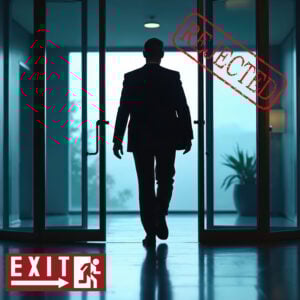 Silhouetted landlord walking through glass doors marked with exit and rejected symbols, suggesting leaving the rental market
