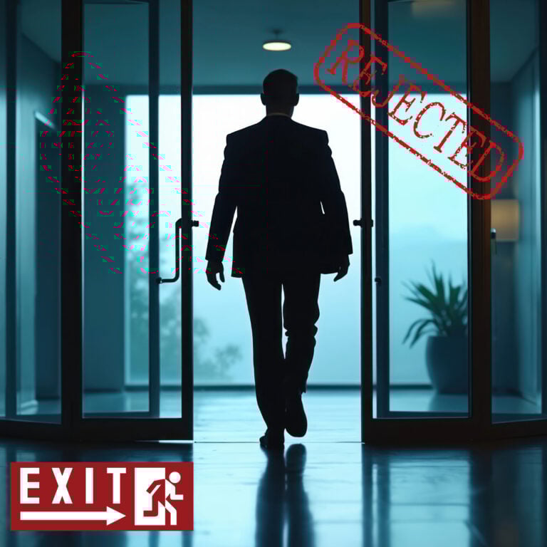 Silhouetted landlord walking through glass doors marked with exit and rejected symbols, suggesting leaving the rental market
