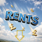 Falling UK rents illustrated by pound symbols dropping around the word “Rents” against a blue sky