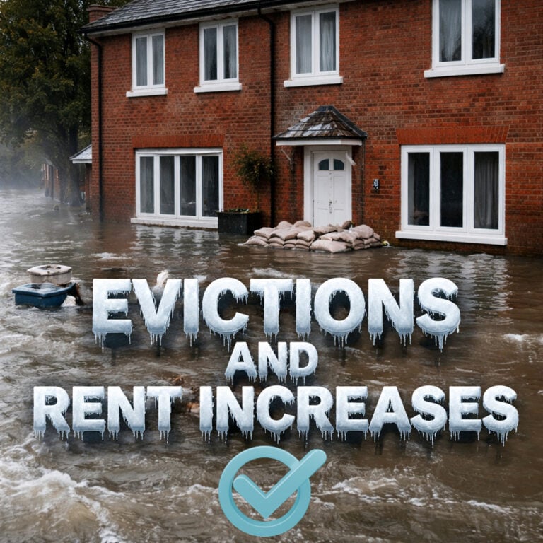 Flooded residential property with sandbags illustrating calls to freeze evictions and rent increases after flooding