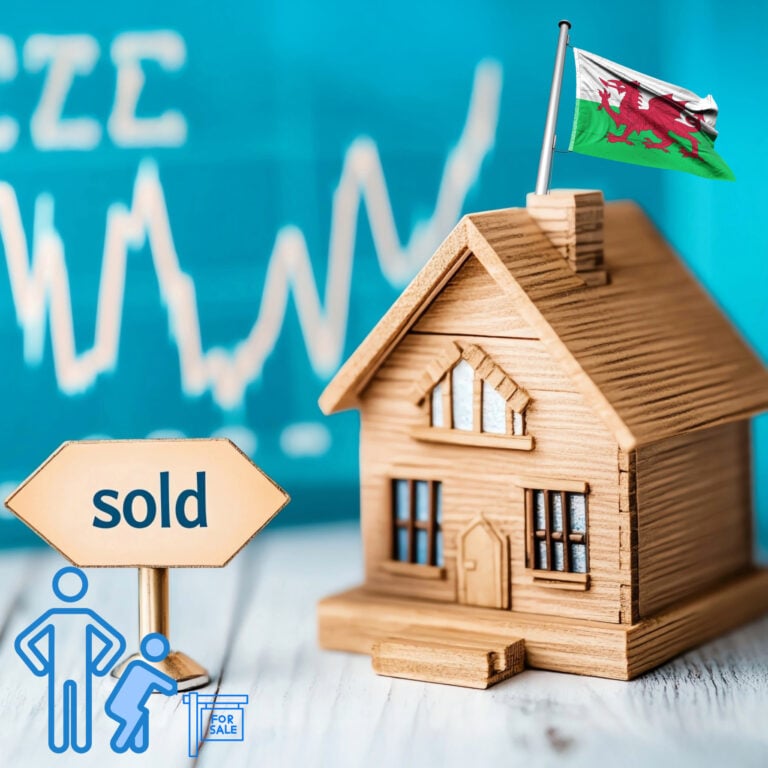 Wooden model house with a sold sign and Welsh flag, representing housing policy and empty homes in Wales