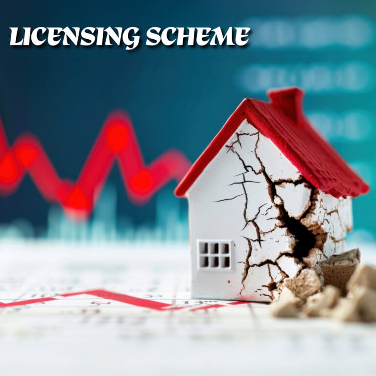 Cracked model house beside a falling red graph symbolising poor HMO standards and the need for a new licensing scheme