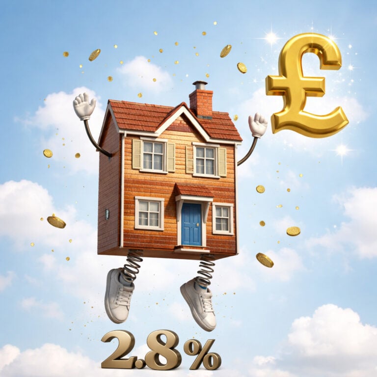 Cartoon house jumping with pound sign and 2.8% figure symbolising rising UK house prices in January