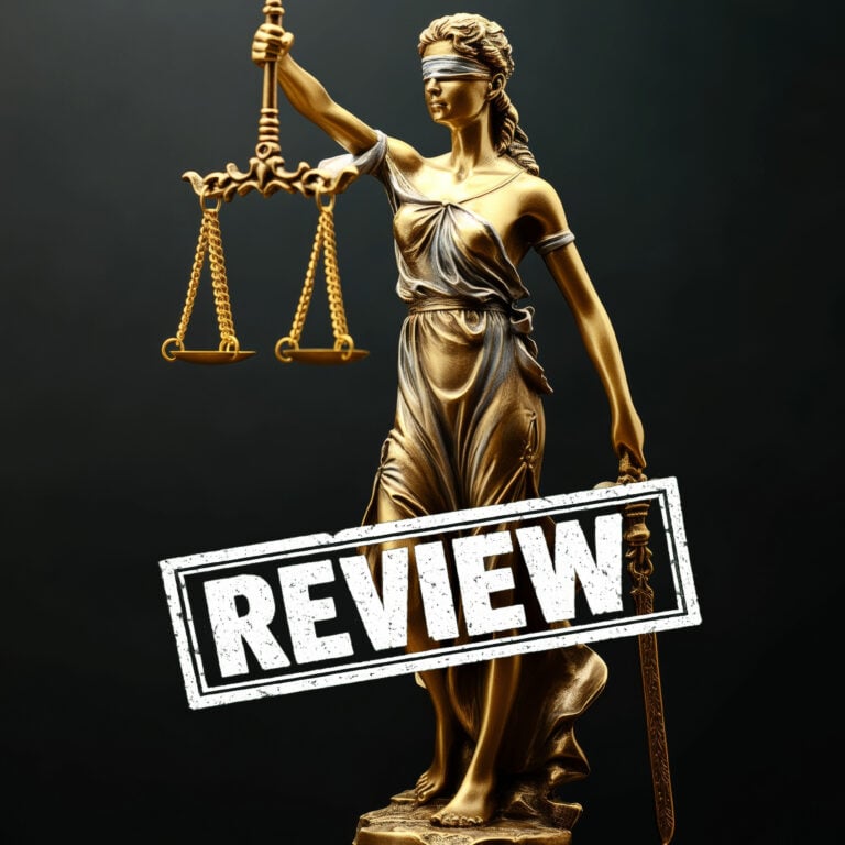 Lady Justice statue with scales and a bold “Review” stamp symbolising a legal challenge to housing regulation in Leeds