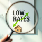 Low mortgage rates graphic with upward arrow above a small house, representing improving affordability