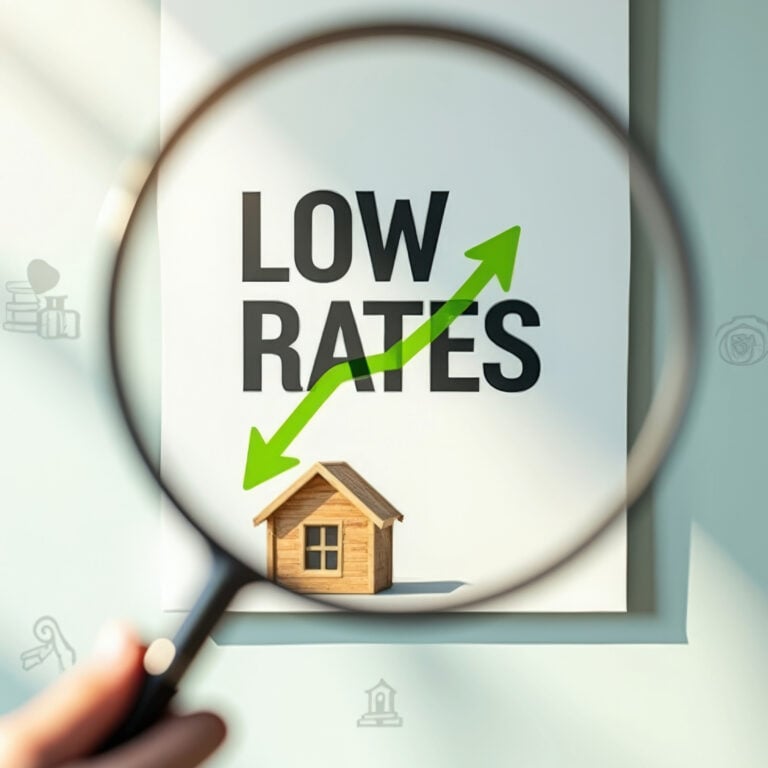 Low mortgage rates graphic with upward arrow above a small house, representing improving affordability