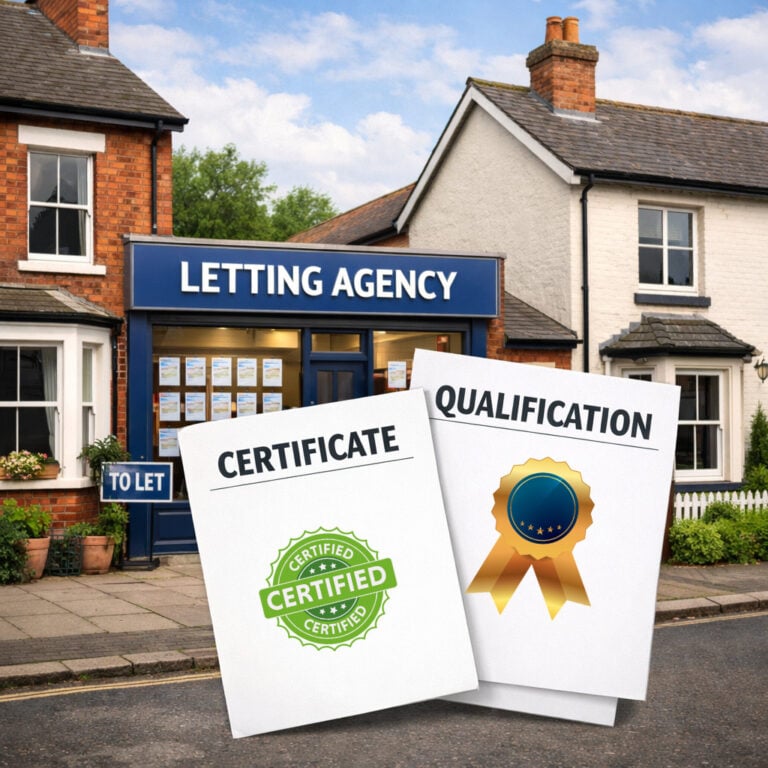 Letting agency office with qualification certificates highlighting updated Renters’ Rights Act training for agents