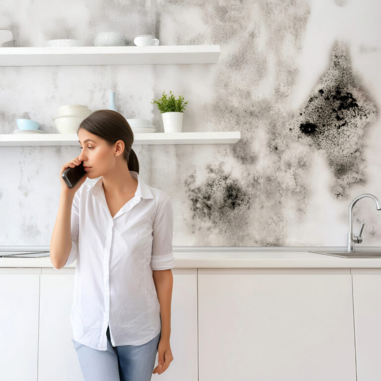 Tenant on the phone in a kitchen with visible damp and black mould on the wall, highlighting unresolved housing conditions