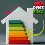House with EPC energy efficiency rating bars and upward arrow highlighting rental property energy standards