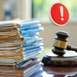 Stack of legal documents beside a judge’s gavel with a warning symbol, representing court delays and housing law pressure
