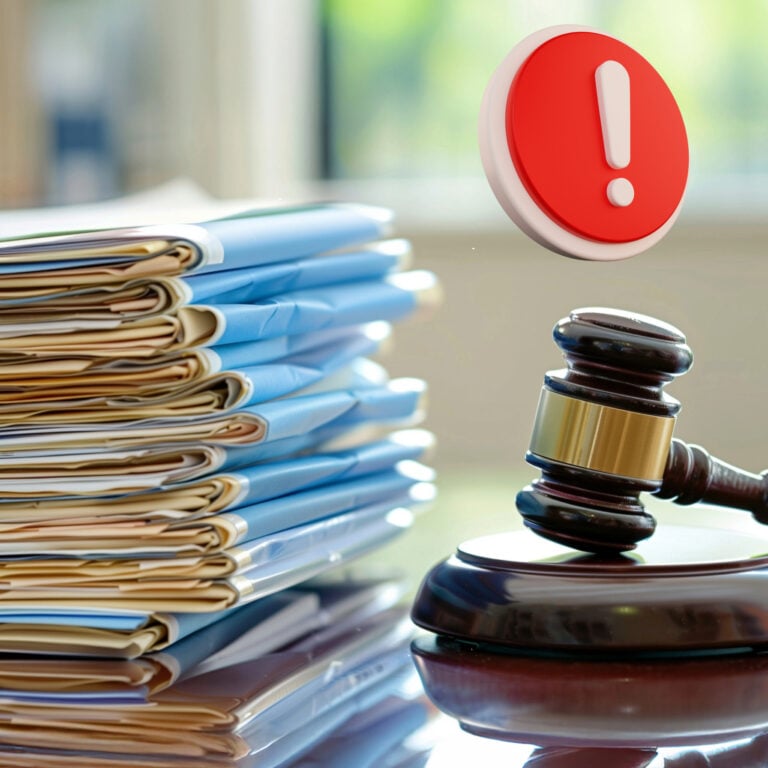 Stack of legal documents beside a judge’s gavel with a warning symbol, representing court delays and housing law pressure