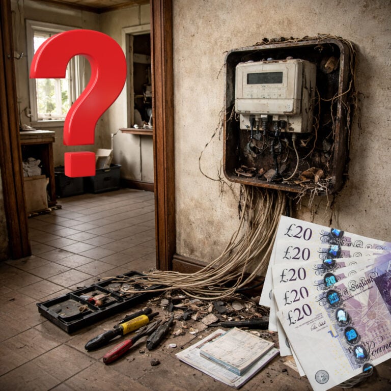 Damaged electric meter with exposed wiring in a vandalised flat, highlighting costly repairs and safety concerns