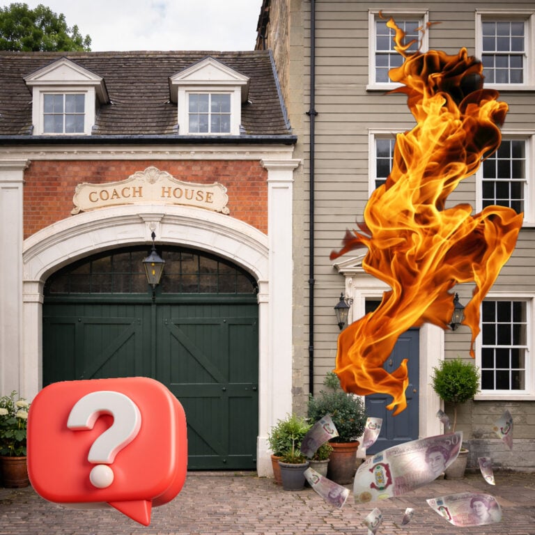 Coach house beside taller building illustrating fire safety dispute and shared liability concerns