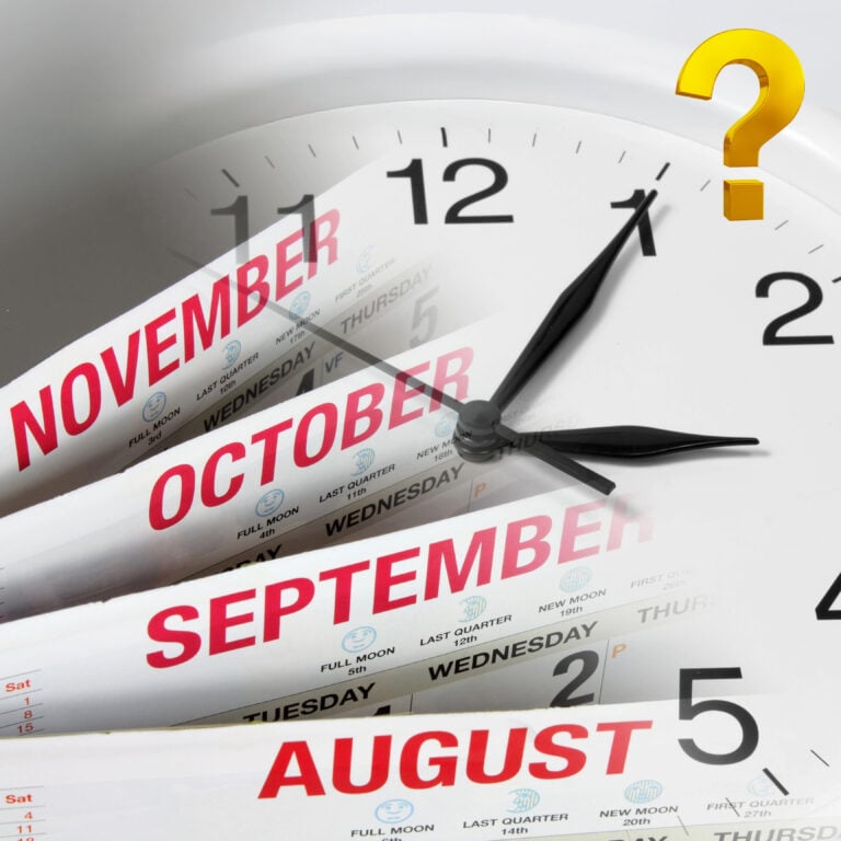 Clock overlaid with calendar pages turning from August to November and a question mark, symbolising uncertainty over housing law changes