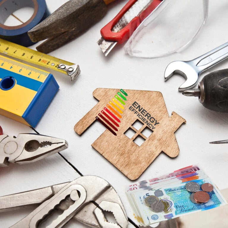 Energy efficiency house symbol surrounded by tools and cash, representing refurbishment costs to meet EPC C standards