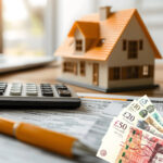 Model house, calculator and UK pound notes on paperwork illustrating rent repayment and landlord enforcement