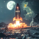 Rocket labelled “rent” launching beside a map of the UK, symbolising rising rental prices in regional towns and cities.