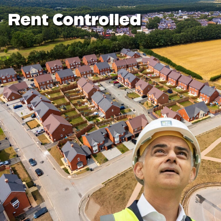 Aerial view of a new housing estate with a construction worker in a hard hat, representing plans for rent-controlled homes in London.