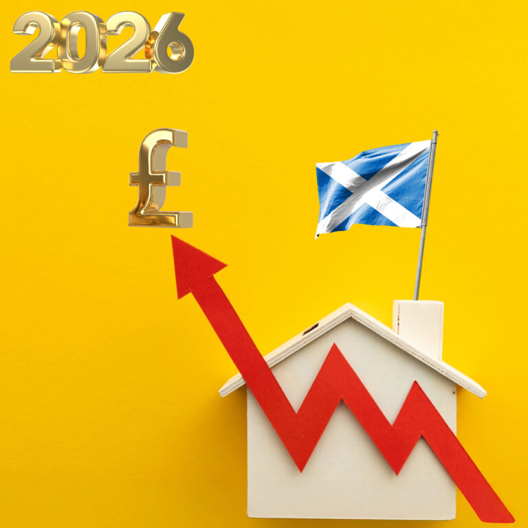 UK house prices forecast to rise in 2026, shown with pound sign, upward arrow and Scottish flag