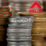 Stacks of coins labelled funding beside the Shelter logo, representing increased housing advice funding