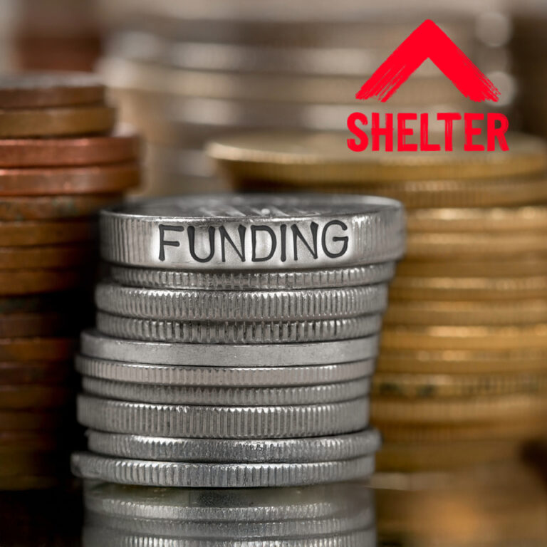 Stacks of coins labelled funding beside the Shelter logo, representing increased housing advice funding