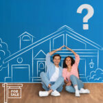 Couple sitting in front of illustrated house and for-sale sign, questioning the value of selling property with tenants