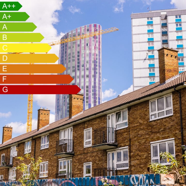 Energy efficiency rating scale over social housing buildings with cranes and apartment blocks in the background