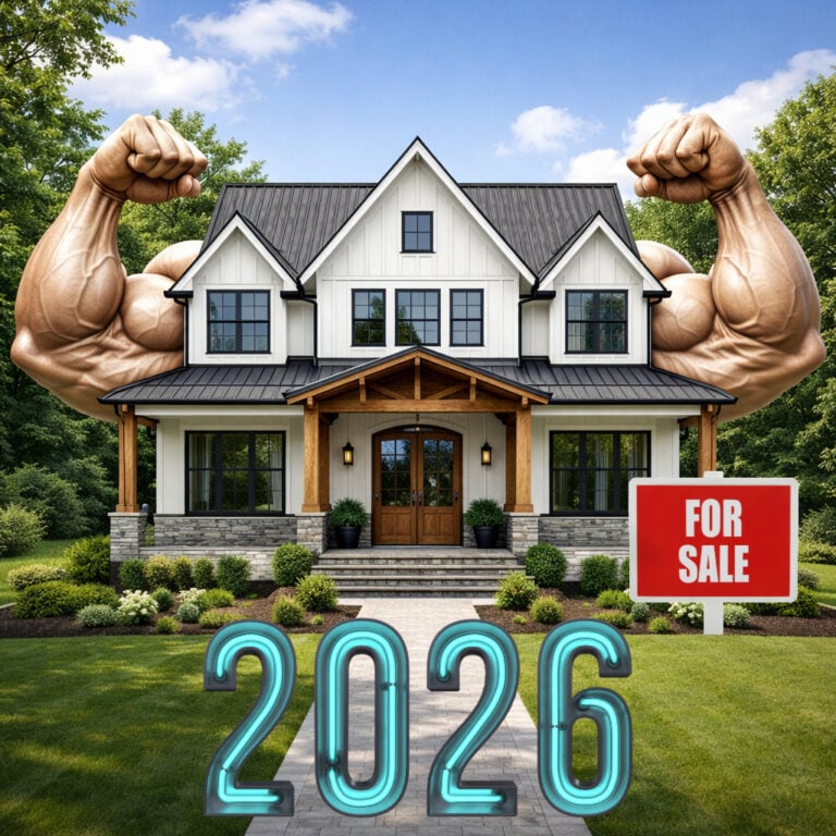Symbolic house with muscular arms and a for-sale sign representing a strong UK property market rebound in 2026