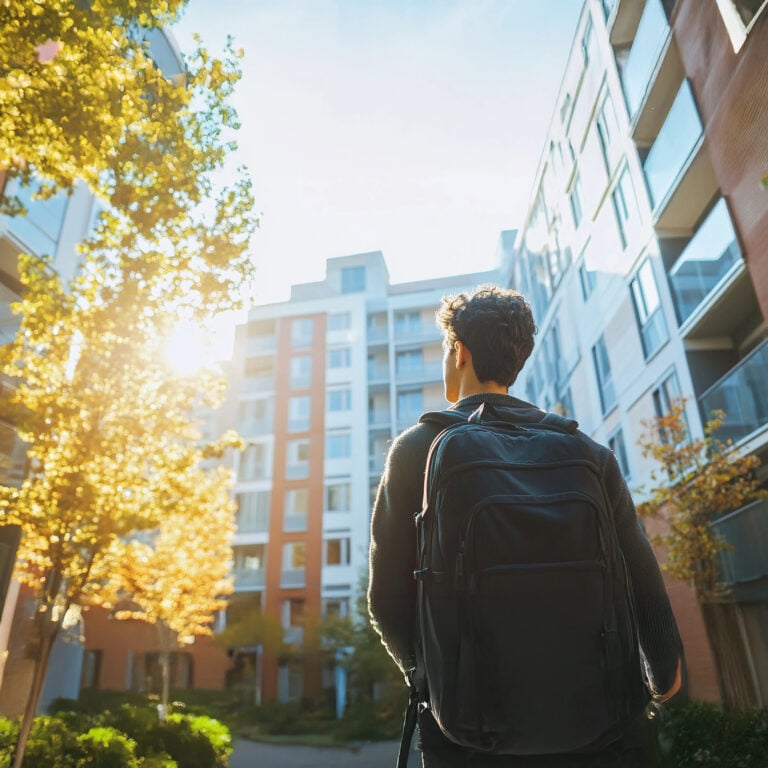Independent student with a backpack outside modern student accommodation during autumn term