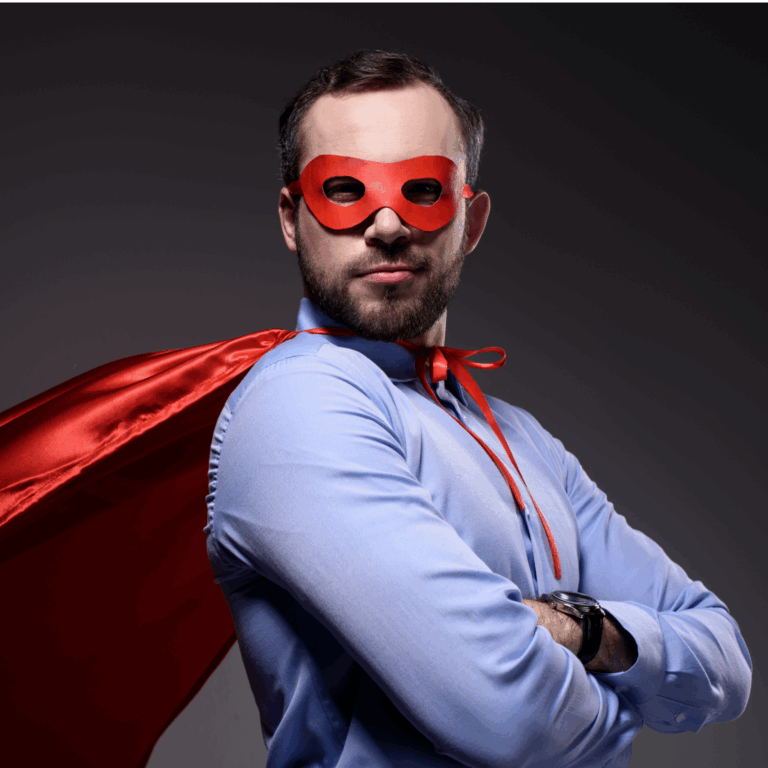 Confident landlord wearing a red superhero mask and cape, symbolising taking control and selling property with Landlord Sales Agency.