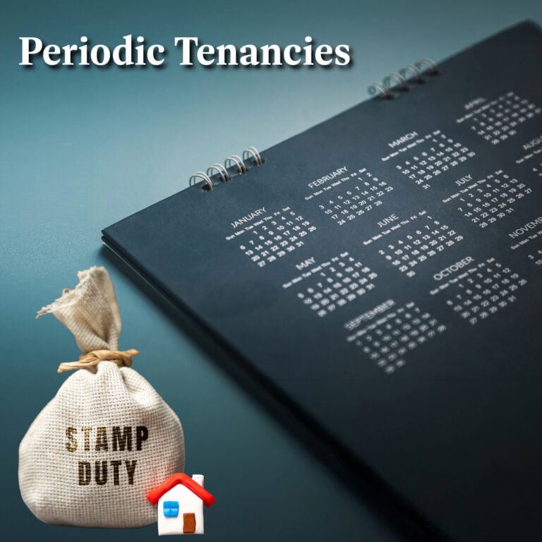 Calendar and stamp duty bag illustrating annual rent thresholds and tax risk under periodic tenancies