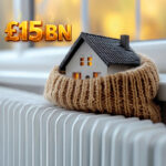 Model house wrapped in a scarf on a radiator, symbolising warmer homes and lower energy bills