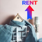 Model house on a radiator with rising rent arrow, symbolising rent increases linked to energy efficiency upgrades