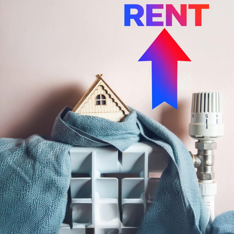 Model house on a radiator with rising rent arrow, symbolising rent increases linked to energy efficiency upgrades