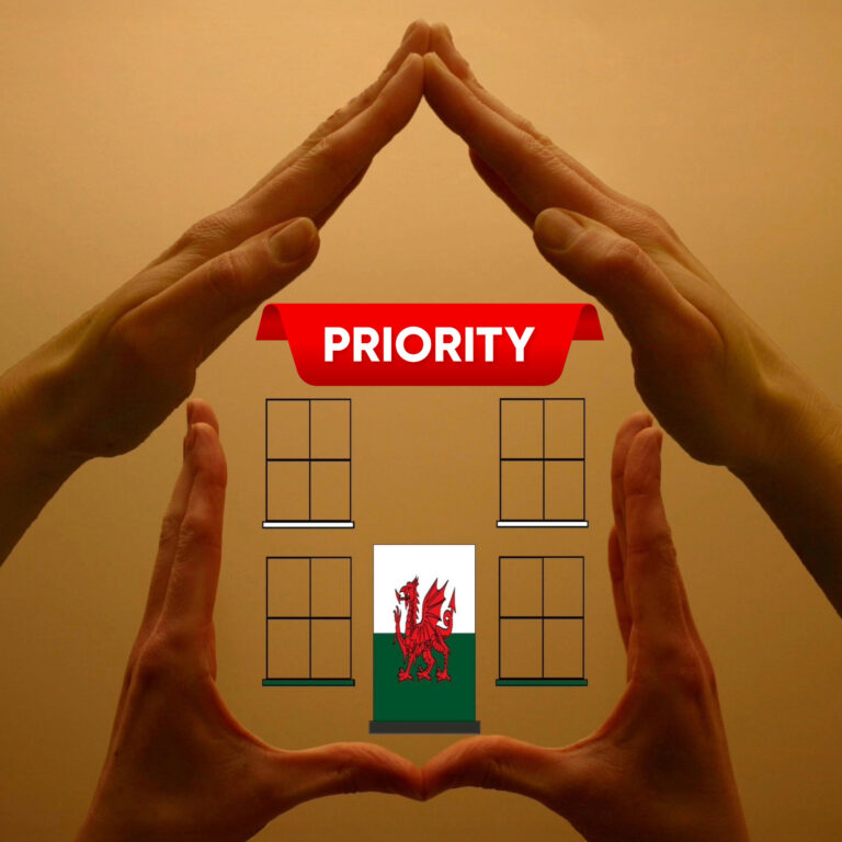 Hands forming a house shape around a Welsh flag door beneath a “Priority” banner, symbolising housing policy in Wales