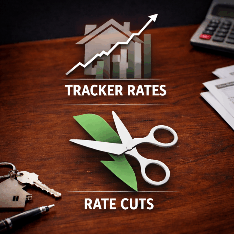 Tracker and fixed buy-to-let mortgage rates illustrated with house, rising chart, and rate cut symbol