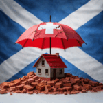 Cracked red umbrella sheltering a small house against a Scottish flag backdrop, symbolising Scotland’s housing crisis