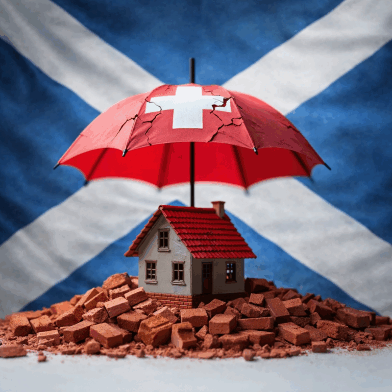 Cracked red umbrella sheltering a small house against a Scottish flag backdrop, symbolising Scotland’s housing crisis