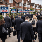 Estate agents walking past suburban homes with multiple for sale signs amid landlord sell-off