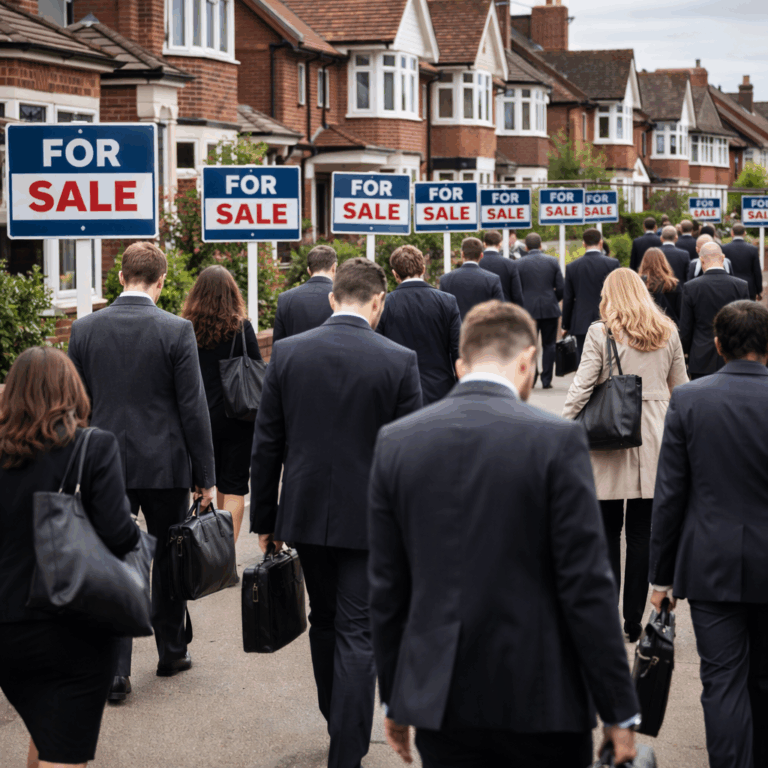 Estate agents walking past suburban homes with multiple for sale signs amid landlord sell-off