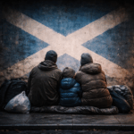 Family sitting with belongings in front of a Scottish flag during housing crisis in Fife
