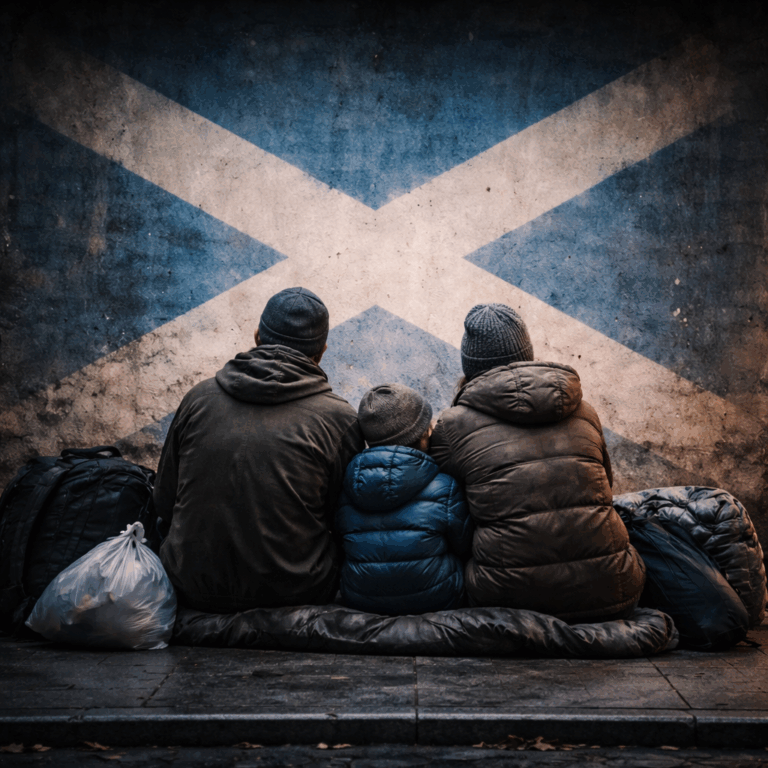 Family sitting with belongings in front of a Scottish flag during housing crisis in Fife