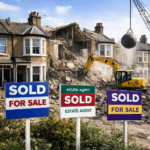 Demolition of former social housing as sold signs stand outside terraced homes