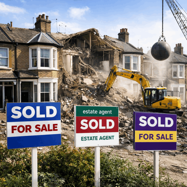 Demolition of former social housing as sold signs stand outside terraced homes