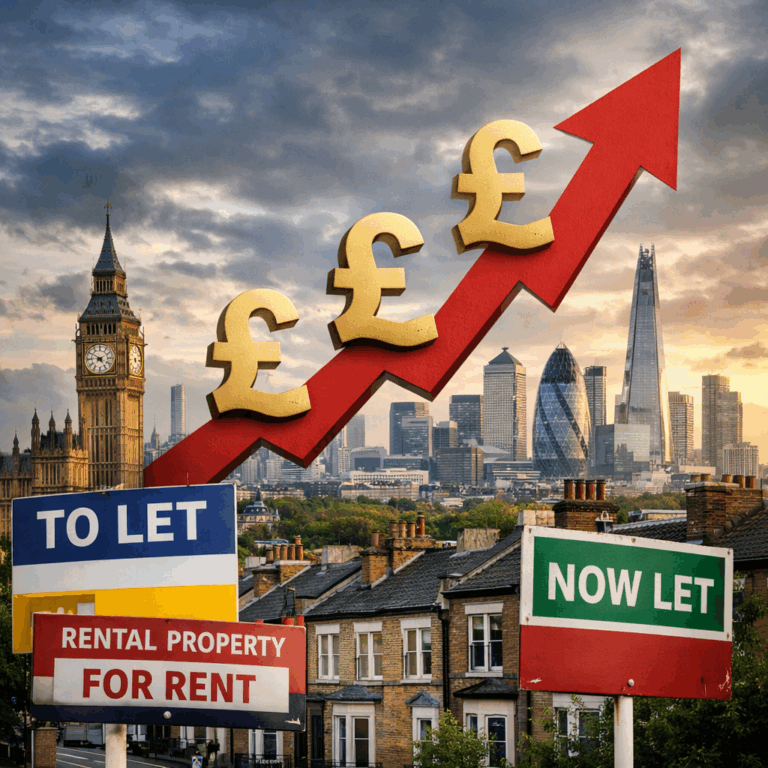 Rising London rents highlighted by pound symbols and upward arrow over city skyline