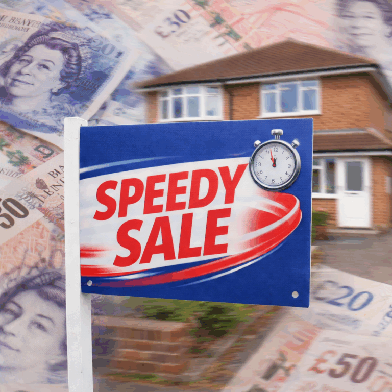 Speedy sale property sign outside house with stopwatch and UK banknotes, illustrating fast landlord exit